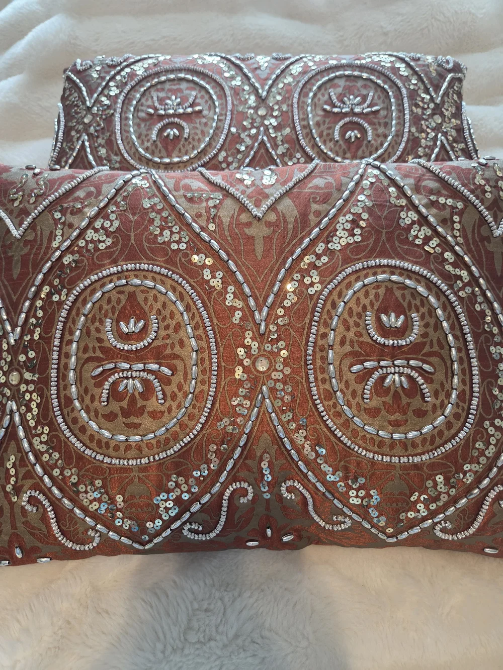 2 Embellished Rust Decorative Pillows with Sequins - very ornate